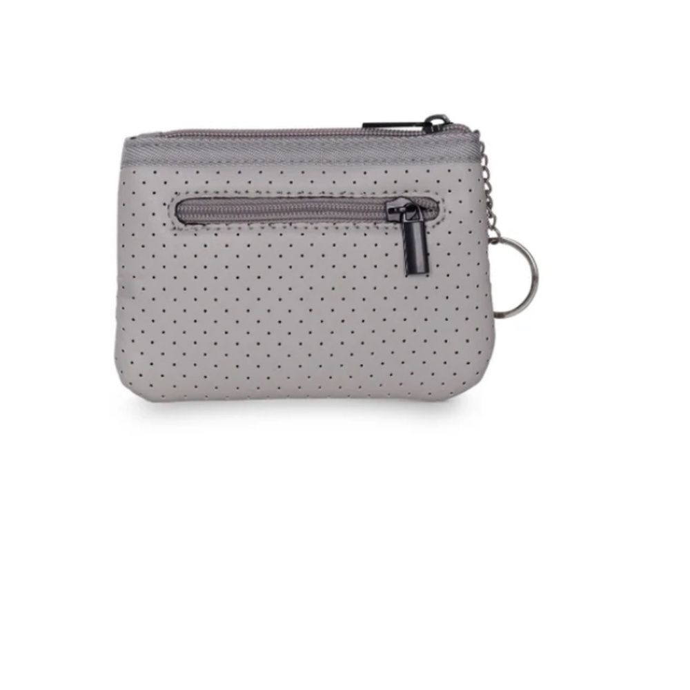 Coated Neoprene Card Case with Keyring - NWT - Gray with Peach & White Stripe - Picture 2 of 3